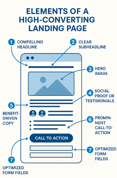 Infographic showing key components of a high-converting landing page including headline, visuals, and CTA